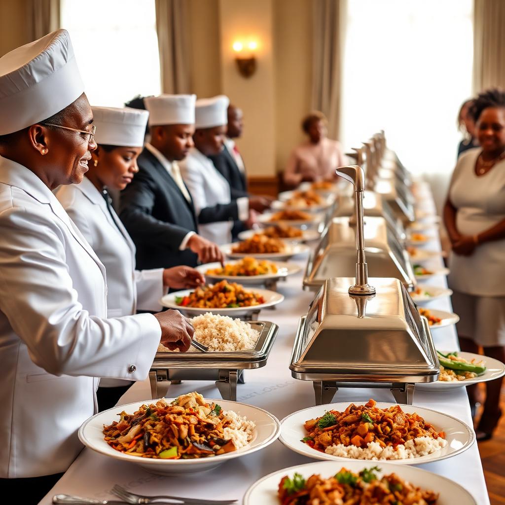 Professional funeral catering buffet with chafing dishes and plated meals