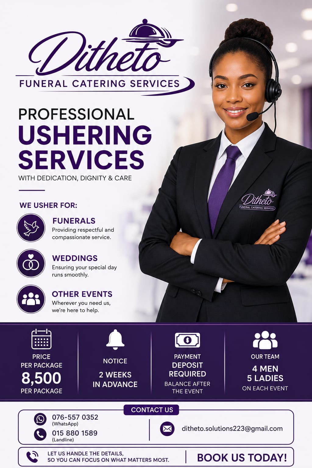 Ditheto Professional Ushering Services poster — funerals, weddings and other events